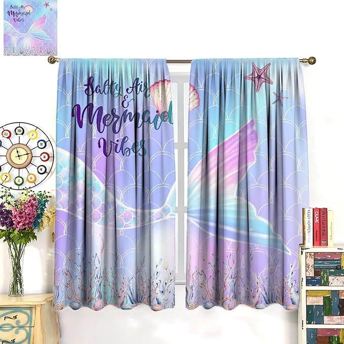 Fantasy Mermaid Curtain Colorful Rainbow Fish Tail Ocean Theme Beautiful Kids Window Treatment for Girls Bedroom Nursery Room Decor Rod Pocket Window Drapes 84x84in