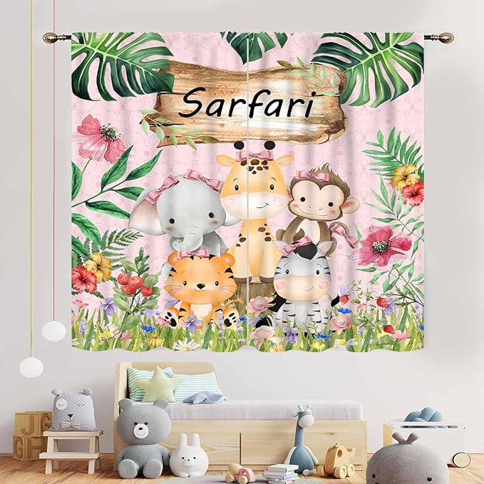 Kids Safari Animals Curtains, Cartoon Giraffe Elephant Monkey Woodland Jungle Tropical Leaf Pink Window Curtains for Boys Girls Baby Living Room Bedroom Nursery Classroom 2 Panels, 63"x72" Inch
