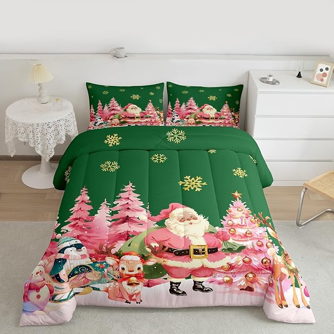 jejeloiu Merry Christmas Comforter Set Twin Size Santa Claus Bedding Set for Kids Boys Girls Cute Deer Duvet Quilt Green Bedroom Decor