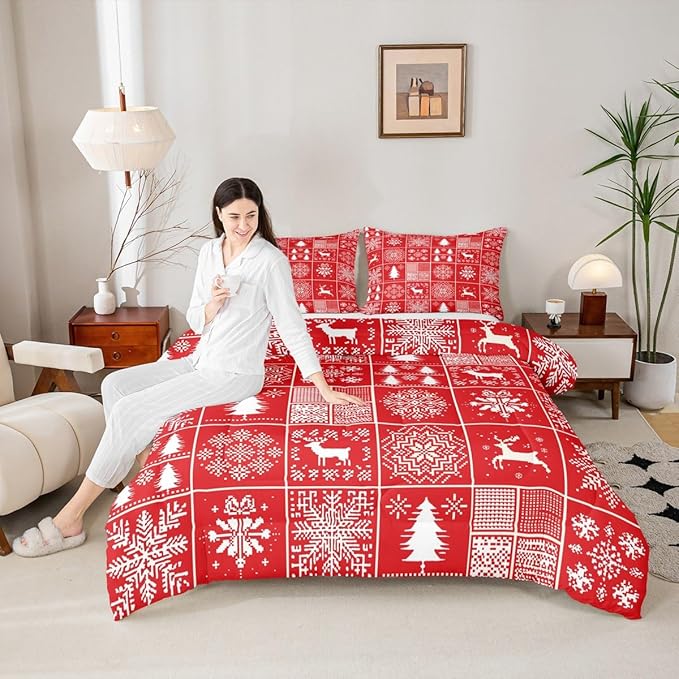 Kids Merry Christmas Comforter Set Full Size,Deer Snowflake Pines Silhouette Bedding,Girls Boys Adults Bedroom/Xmas Cabin Decor,Geometric Lattice Down Comforter,Red Bright Duvet Insert,2 Pillowcases