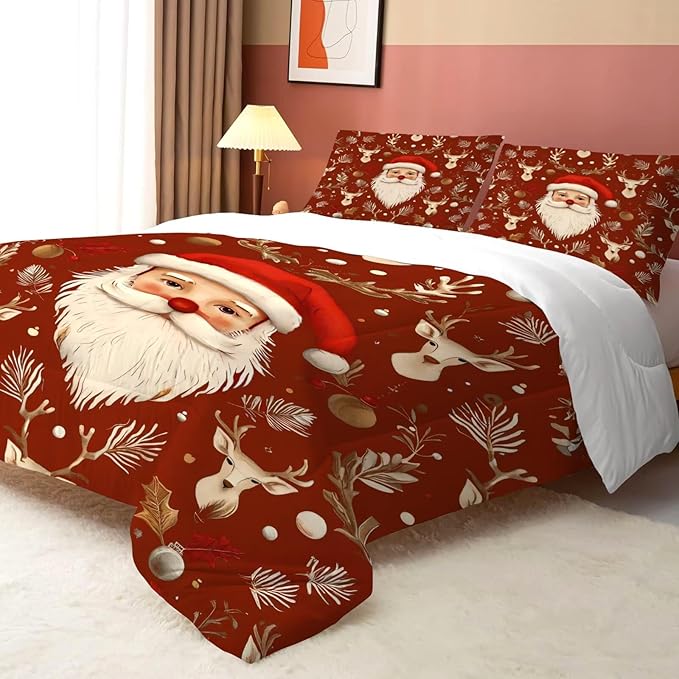 Red Christmas Comforter Set Twin Size Santa Claus Bedding for Kids Girls Women Xmas Reindeer Merry Christmas Bedroom Quilt Bed Sets, 1 Comforter 1 Pillowcase