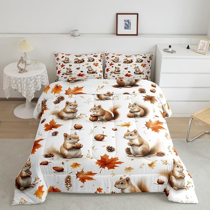 Feelyou Boys Girls Fall Autumn Duvet Cover Twin Size, Cute Squirrel Comforter Set Cartoon Animal Comforter Cover Kids Maple Leaf Teens Bedspread Cover Bedroom Decor Bed Set 2Pcs