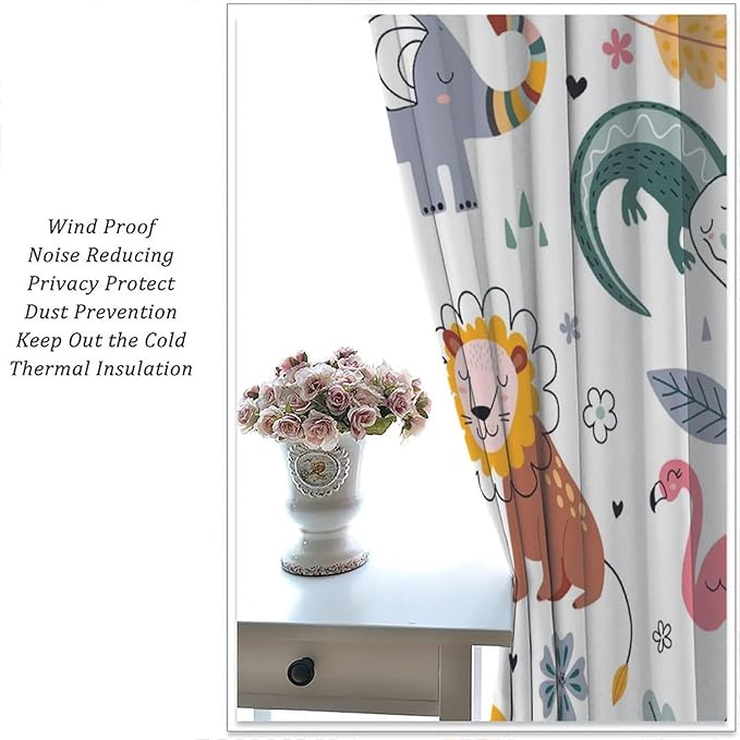 YCness Cartoon Forest Animals Curtains, Woodland Woodland Wild Giraffe Zebra Lion Hippopotamus Window Treatments for Kids Bedroom Living Room Home Nursery Drapes, 84x84 Inch