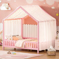 Montessori Floor Bed with Canopy, High Railings and Roof, Full Size Wood House Bed Frame for Kids Bedroom (Pink/C)