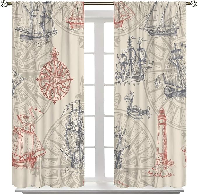 Abstract Nautical Curtain Set Seahorse Curtain for Kids Yellow Polyester Fabric Bedroom Curtain Set 2 Panels,72x63 Inches