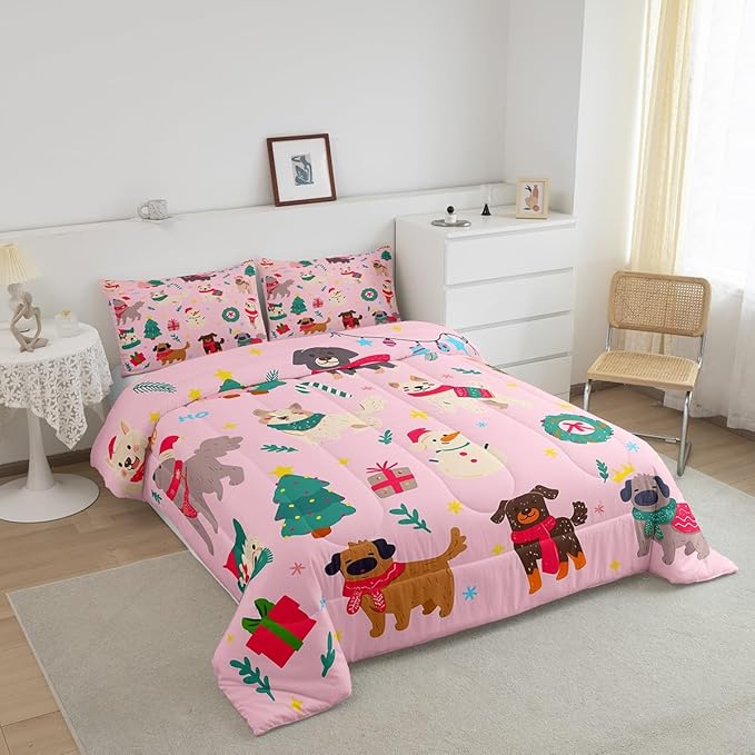 Erosebridal Cute Dog Comforter Set Toddler Size Puppy Dog Cartoon Xmas Bedding Set Christmas Tree Quilts for Kids Boys Girls Bedroom Decor Snowman Duvet Insert with 1 Pillow Case