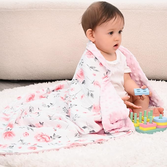 david's kids Muslin Minky Baby Blanket for Girls with Muslin Cotton Front and Dotted Fleece Backing, Breathable and Soft Lightweight Receiving Blanket for Newborns, 40x50 Inches, Floral