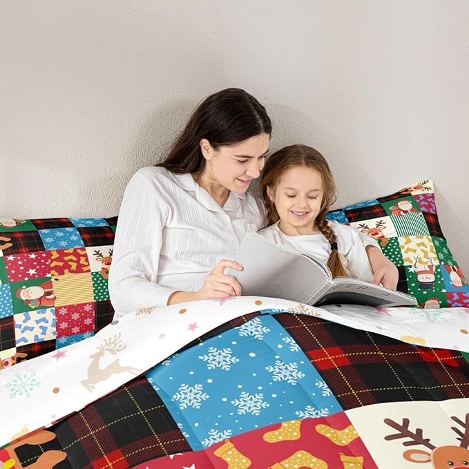Feelyou Patchwork Christmas Bedding Set Soft for Boys Girls, Santa Claus Reindeer Comforter Set Full Size Snowman Duvet Quilt Microfiber Snowflake Bedroom Decor 3 Pcs with 2 Pillow Cases