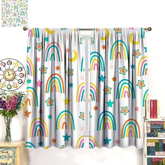 Kids Rainbow Curtains Cartoon Rainbow Abstract Bohemia Floral Lovely Stars Pattern Print Window Drapes for Girl Bedroom Living Room Kitchen Decor,2 Panel Set,42Wx45H Inch Blackout