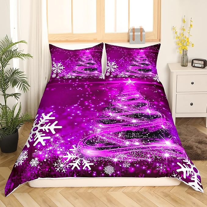 Manfei Purple Xmas Tree Duvet Cover Set Queen Size, White Snowflake Print Comforter Cover with 2 Pillowcases, New Year Theme Bedding Set 3pcs for Kids Boys Girls Bedroom Decor,No Comforter