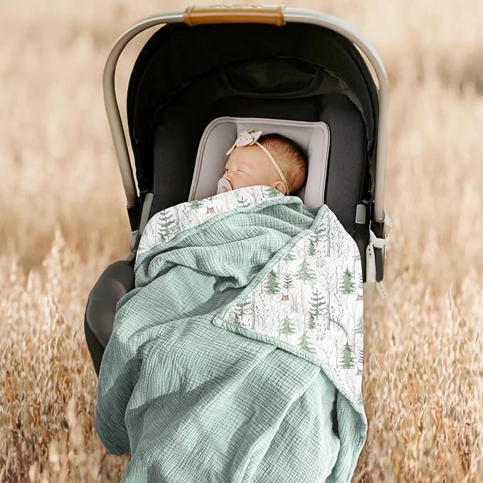 lulumoon Muslin Baby Blanket Neutral: Cotton Crib Blanket with Pine Tree - Soft Toddler Bedding for Registry Gift 47x47 Inches (Green Forest Stump)