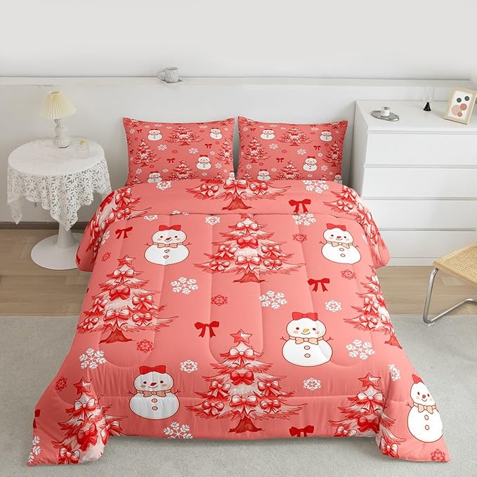 Feelyou Merry Christmas Kids Comforter Set Queen Size Cute Snowman Bedding Set Cartoon Bowknot Duvet Quilt for Kids Boys Girls Bedroom Christmas Tree Decor Microfiber Ultra Soft Breathable