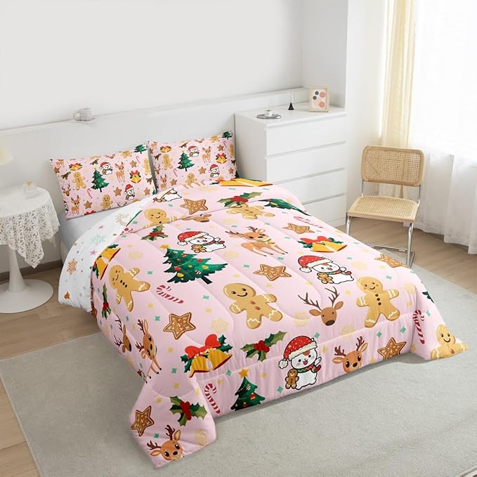 Feelyou Merry Christmas Bedding Set Soft for Boys Girls, Gingerbread Man Comforter Set Twin Size Cute Deer Duvet Quilt Microfiber Christmas Tree 2 Pcs with 1 Pillow Cases