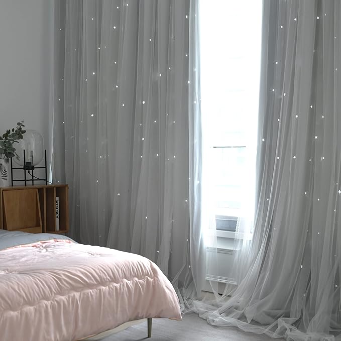 Kinryb Kids Star Cutout Curtains for Bedroom/Living Room/Classroom,2 Free Tiebacks Sheer Overlay 2 Panel Set, Double Layer Curtains for Kids Room(Each Piece W70xL84 Inches 2 Pcs Greyish White)