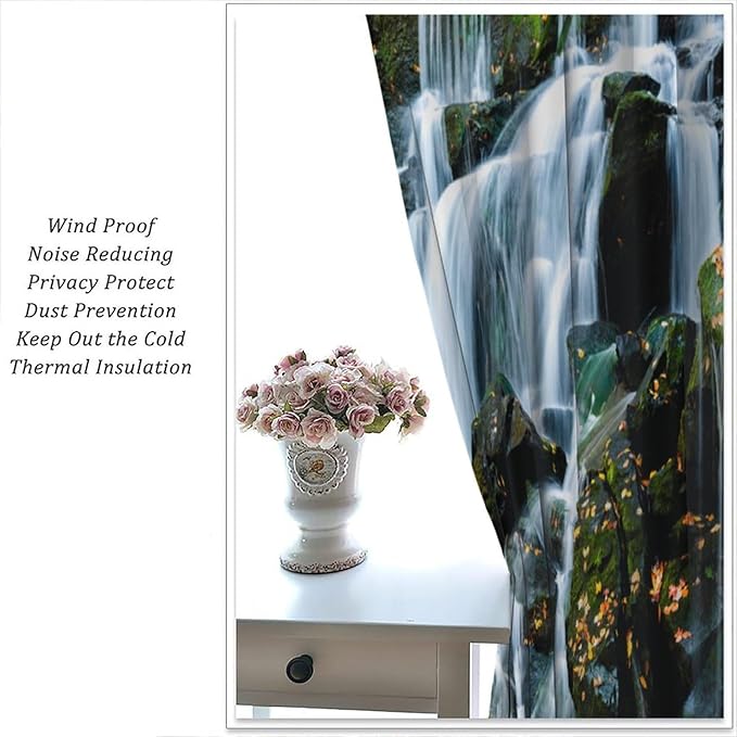 Waterfall Blackout Window Curtains, Forest Nature Landscape Theme Pattern Print Window Drapes, for Living Room Bedroom 42" W X 45" L