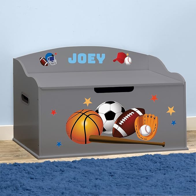 DIBSIES Personalized Creative Wonders Toy Box, Sports, 30 x 19.25 x 18 inches, Soft-Close Lid (Dovetail Grey)