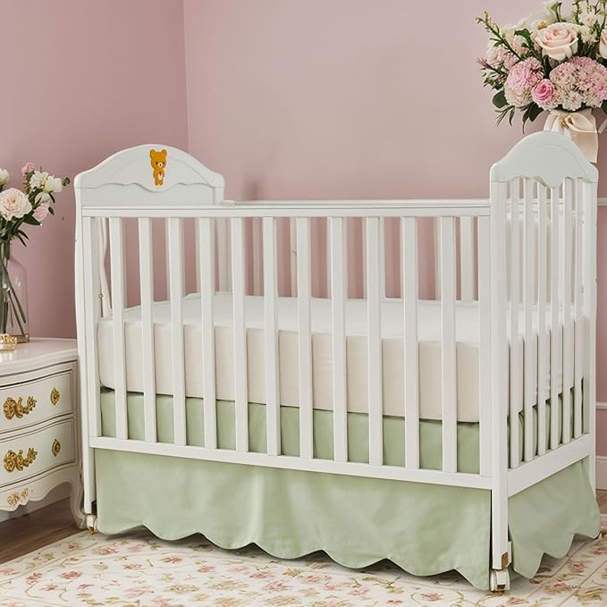 Brandream Scallop Edge Cotton Crib Skirt Toddler Bedskirt Baby Nursery Crib Bed Skirt Gender Neutral Solid Color Light Green Farmhouse Chic Boho Bohemian Skirt