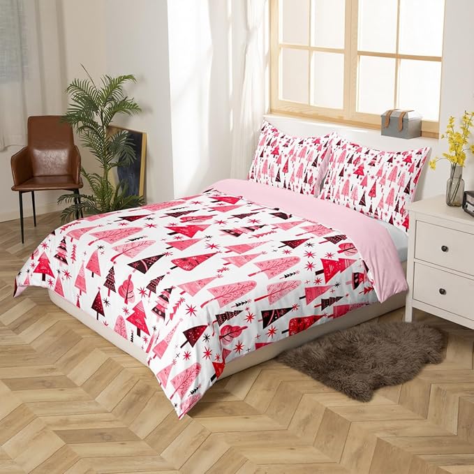 Manfei Pink Xmas Trees Duvet Cover Set Twin Size, Christmas Theme Bedding Set 2pcs for Kids Boys Girls Adults, Happy New Year Comforter Cover Soft Polyester Quilt Cover with 1 Pillowcase,No Comforter
