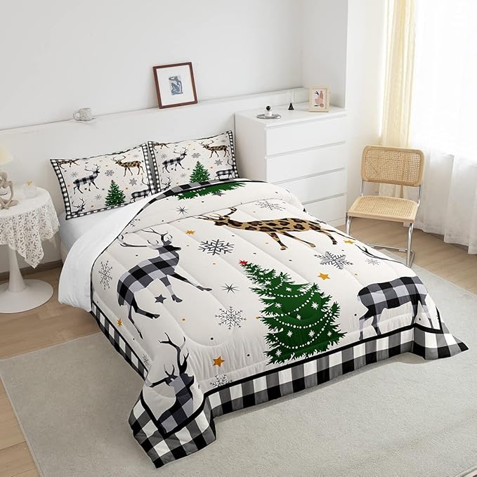 Kids Deer Silhouette Comforter Set Twin Size,Snowflake Pine Trees Bedding,Girls Boys Adults Bedroom/Xmas Cabin Decor,Geometric Grids Plaid Down Comforter,Rustic Farmhouse Duvet Insert,1 Pillowcase