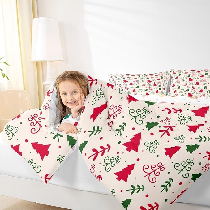 Christmas Trees Comforter Set Toddler Size,Red Green Pine Plant Cute Hand Sketch Bedding Set for Kids Girls Boys Bedroom,Winter Xmas Natural Botanical Kawaii Quilted Set with 1 Pillowcase