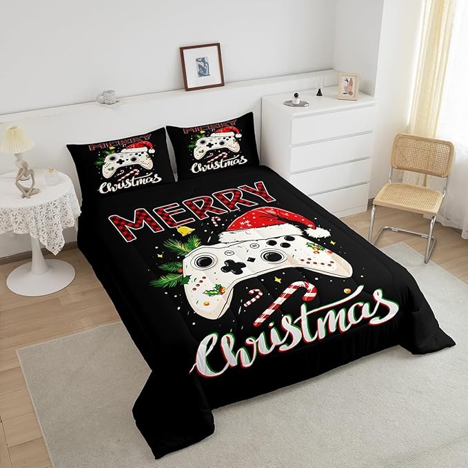 Gamepad Xmas Theme Comforter Set Twin Size,Santa Claus Video Games Bedding Set for Kids Boys Girls Room Decor,Merry Christmas Quilt Set 2Pcs,Gaming Controller Black Duvet Insert,1 Pillowcase