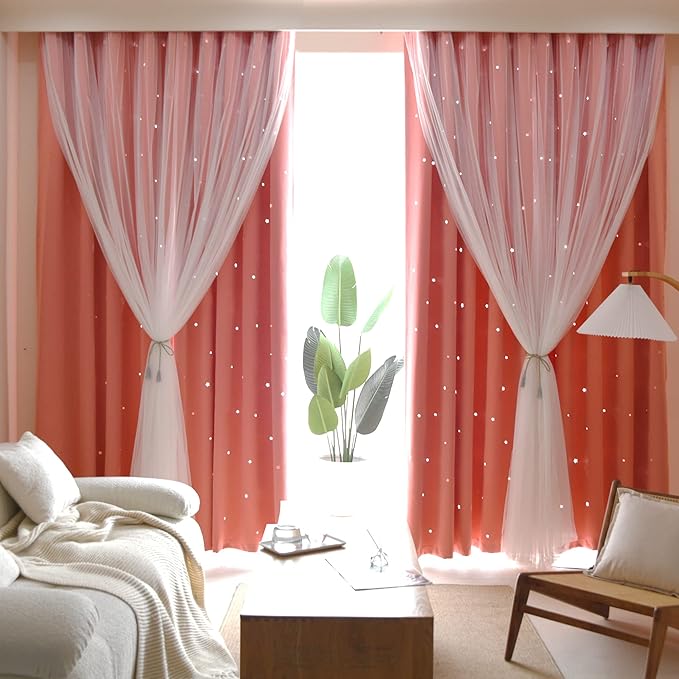 Kinryb Princess Curtains for Girls Bedroom with Sheer Overlay,Double Layer Curtain for Living Room with Star Cutout, Curtains for Kids Room (70 W*63 L Inches,2 Pcs Coral)