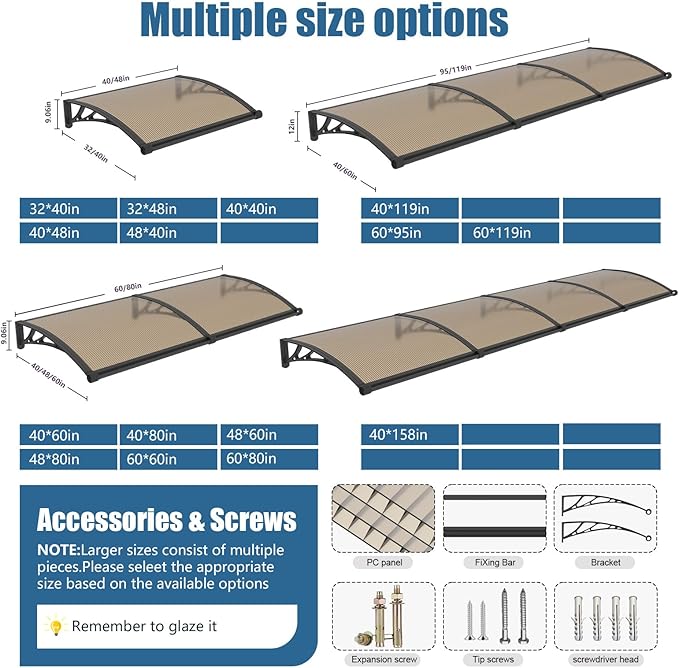 40''*48'' Window and Door Exterior, UV/Rain/Snow/Sunlight Protection Sheet,UPF 50+ Polycarbonate Overhang Canopy,House Overdoor Awnings for Door Entrance Outside/Patio/Porch/Deck