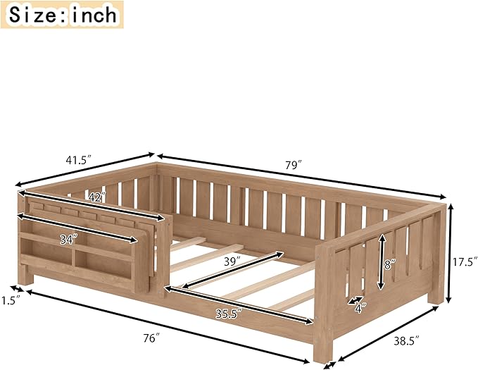 Bellemave Twin Floor Bed with Slats and Safety Guardrail, Twin Size Montessori Floor Bed with Fence and Built-in Bookshelf, Easy Assemble Montessori Beds for Kids, Girls, Boys, Natural
