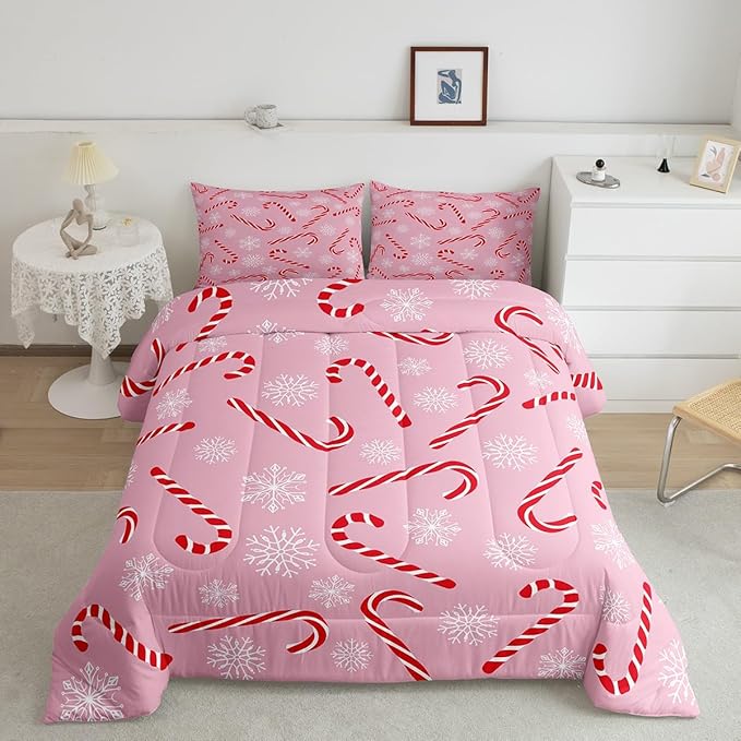 Erosebridal Xmas Candy Cane Twin Bedding Set 7 Piece,Merry Christmas Bed in A Bag for Kids Boys Girls,White Snowflake Comforter Set Pink Christmas Ornaments Sheet Set with Comforter
