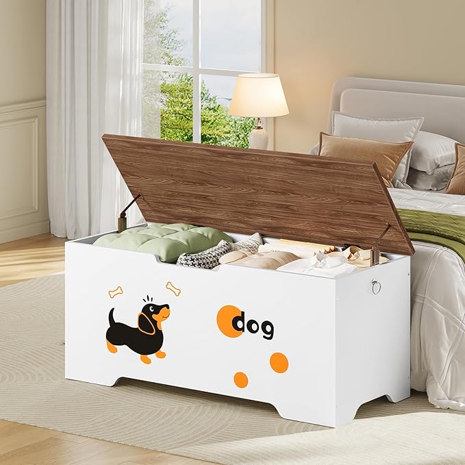HOOBRO Toy Box, Toy Chest with 2 Safety Hinges, 43.3" Storage Bench, Wooden Storage Chest, for Entryway, Bedroom, Living Room, White and Walnut WH495CW01