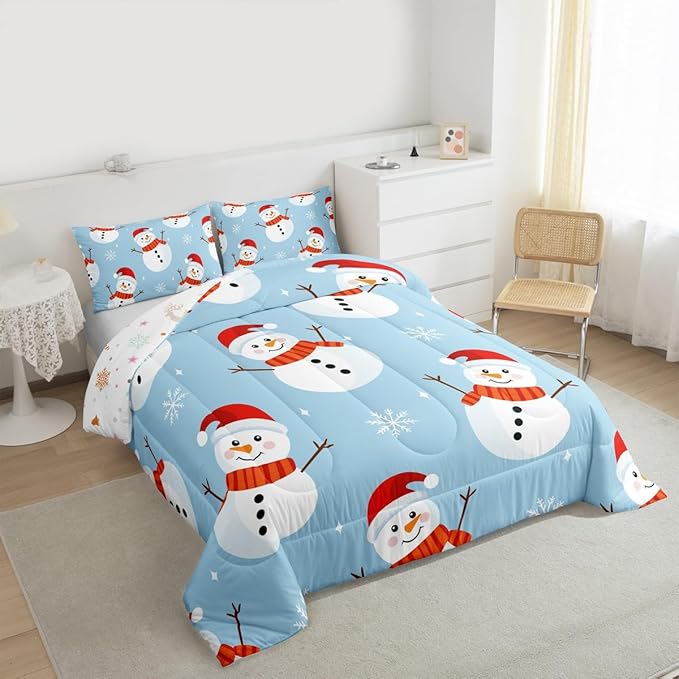 Feelyou Merry Christmas Bedding Set Soft for Boys Girls, Snowman Comforter Set Toddler Size Snowflake Duvet Quilt Microfiber Bedroom Decor 2 Pcs with 1 Pillow Cases