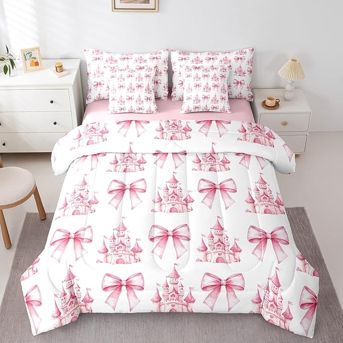 7 Pieces Pink Bowknot Kids Comforter King,Castle Tale Princess Toddler Bedding Set,Bow Tie Butterfly Knot Girlish Romantic Fashion（Comforter+Fitted+Flat Sheet+2 Pillowcases+2 Throw Pillow Covers）