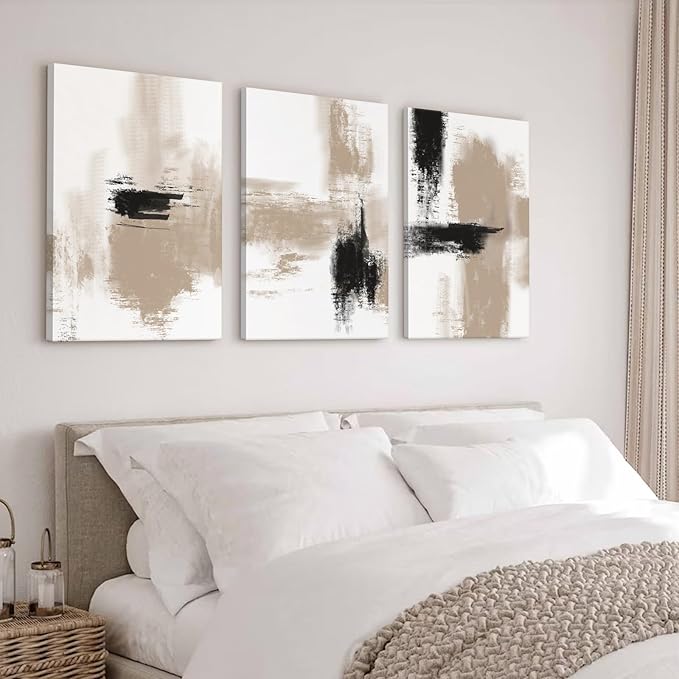 Beige Abstract Wall Art Painting Set of 3 Framed Neutral Canvas Wall Art Prints Black Beige Modern Wall Decor Minimalist Art Pictures Abstract Modern Artwork for Room Bedroom 16x24 Inch