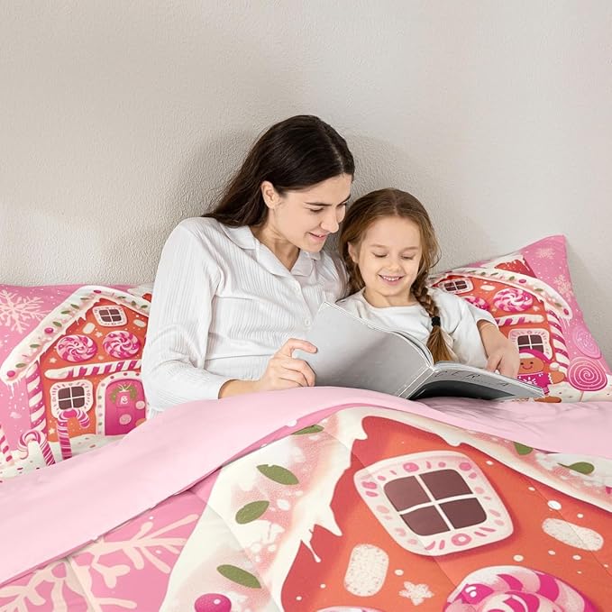jejeloiu Kids Christmas Theme Comforter Set King Size Xmas Gingerbread Man Candy Cane House Bedding Set for Boys Girls Teens Hot Pink Winter Happy New Year Duvet Quilt Room Decor