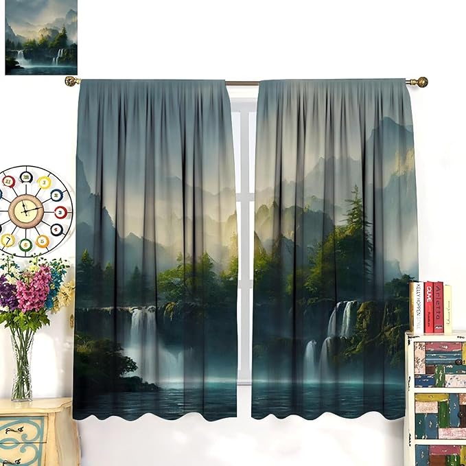 Landscape Theme Waterfall Blackout Curtains, Waterfall Mountains Jungle Printed Natural Scenery Window Drapes, for Bedroom Living Room 42" W X 54" L