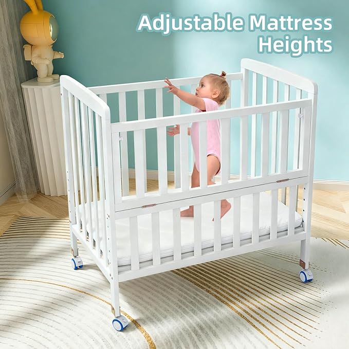 Portable Mini Baby Crib - Convertible Baby Cribs with Soft Foam Mattress(33 * 20"),6 Heights Bedside Bassinet Sleeper,Wheeled Bedside Crib Co Sleeper for Small Space,White