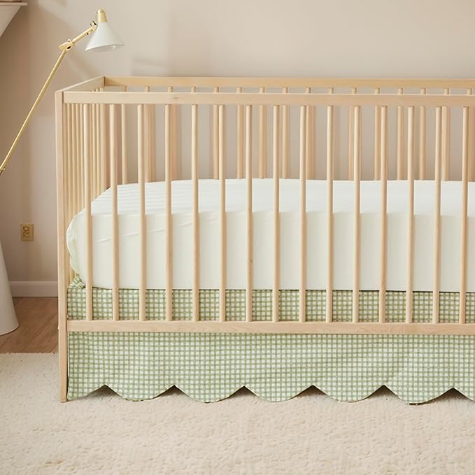 Brandream Scallop Edge Cotton Crib Skirt, Baby Boy Girl Gender Neutral Crib Skirt Toddler Bedskirt Farmhouse Chic Nursery Crib Bed Skirt, Boho Bohemian Green Gingham