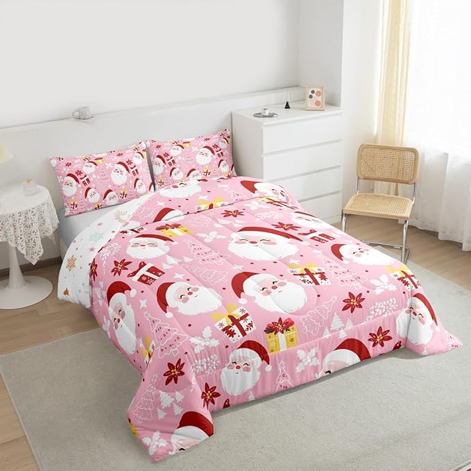 jejeloiu Santa Claus Comforter Set Twin Size Merry Christmas Bedding Set for Kids Boys Girls Xmas Themed Duvet Quilt Pink Bedroom Decor