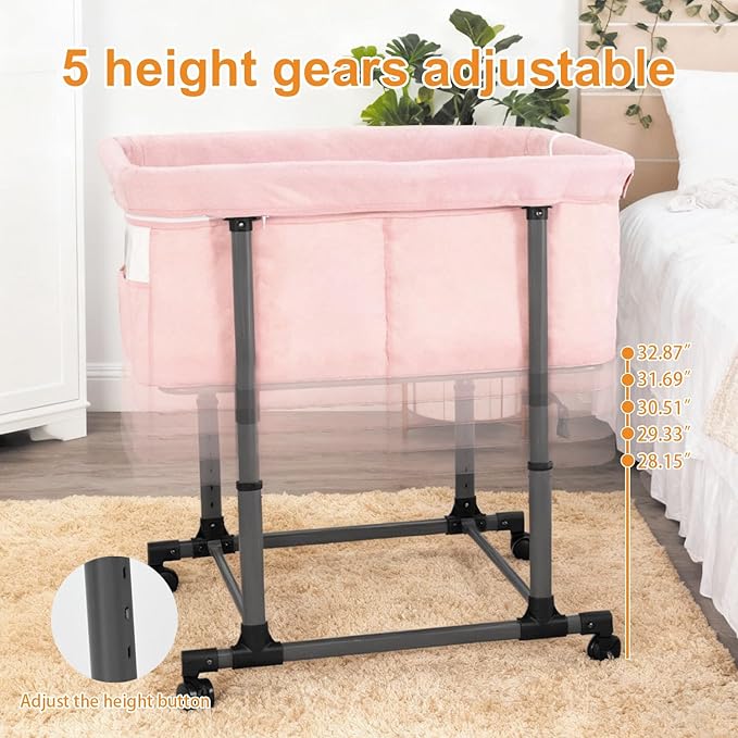 MTWML Twin Bassinet for 2 Babies,Portable Twins Crib with Storage Bag and Replaceable Mattress Cover,Adjustable Height Double Bedside Crib Attaches to Bed with Strap for 0-6 Months (Pink)
