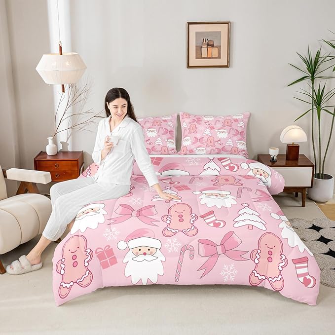 Feelyou Pink Christmas Bedding Set Soft for Boys Girls, Santa Claus Comforter Set King Size Gingerbread Man Duvet Quilt Microfiber Bow Candy Cane Bedroom Decor 3 Pcs with 2 Pillow Cases