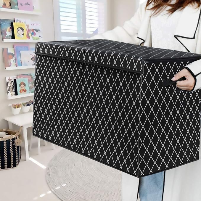 Toy Chest Box Storage Bins for Boys Girls, Kids Large Collapsible Sturdy Container Organizer with Fabric Flip-Top Lid & Handles for Clothes, Blanket, Nursery, Playroom, Bedroom 24.5x13x16 (Black)