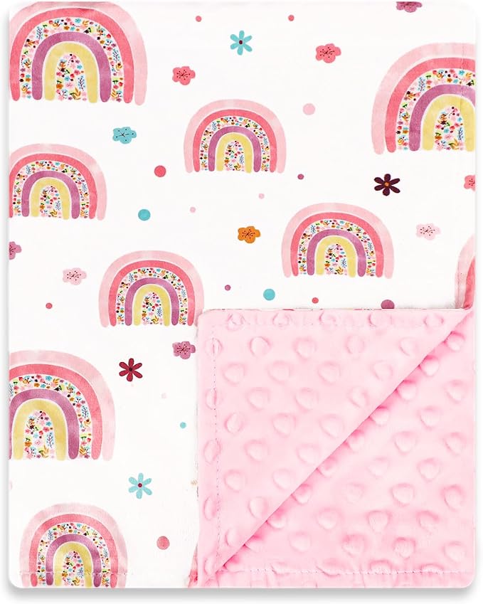 Pea Pod Baby Girls Blanket Soft Rainbow Minky Blanket for Newborn, 30'' x 40'' Double Layer Design, Dotted Backing Warm Baby Quilt Crib Blanket for Nursery/Stroller/Toddler Bed/Baby Car Seat