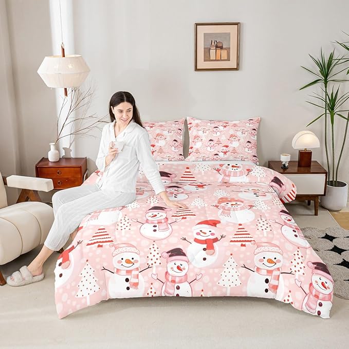 Manfei Christmas Comforter Set King Size, Snowman and Xmas Trees Down Comforter with 2 Pillowcases, New Year Pink Bedding Set 3pcs for Kids Girls Adults Bedroom Decor Lightweight Duvet Insert