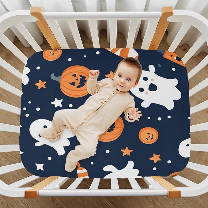 Crib Sheet, Unisex Crib Sheet, Soft and Comfortable for Standard Crib and Toddler Mattress, Ghosts and Halloween Pumpkins