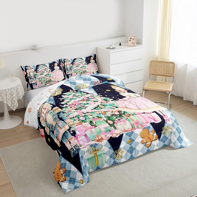jejeloiu Christmas Nutcracker Comforter Set King Size Gingerbread Man Bedding Set for Kids Boys Girls Xmas Tree Duvet Quilt Dark Blue Bedroom Decor
