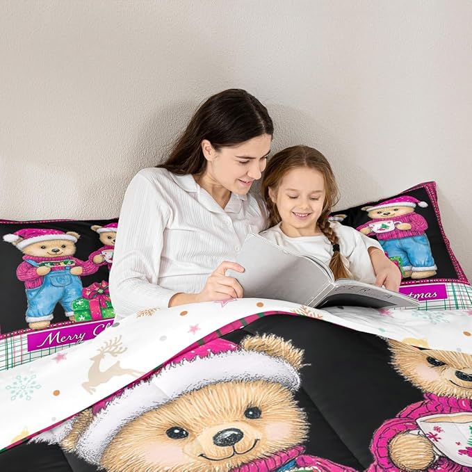 Feelyou Merry Christmas Kids Comforter Set Full Size Cute Bear Bedding Set Duvet Quilt for Kids Boys Girls Bedroom Winter Decor Microfiber Ultra Soft Breathable
