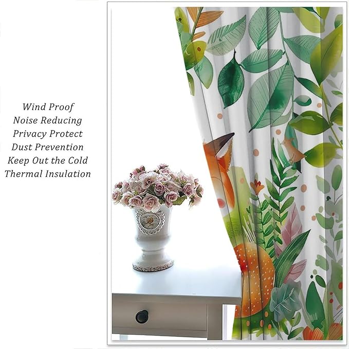 Kids Fox Blackout Curtain Cute Cartoon Fox Window Treatment for Girls Boys Bedroom Wildlife Woodland Animal Botanical Plant Window Drapes for Living Room Teens Nursery W84xL84