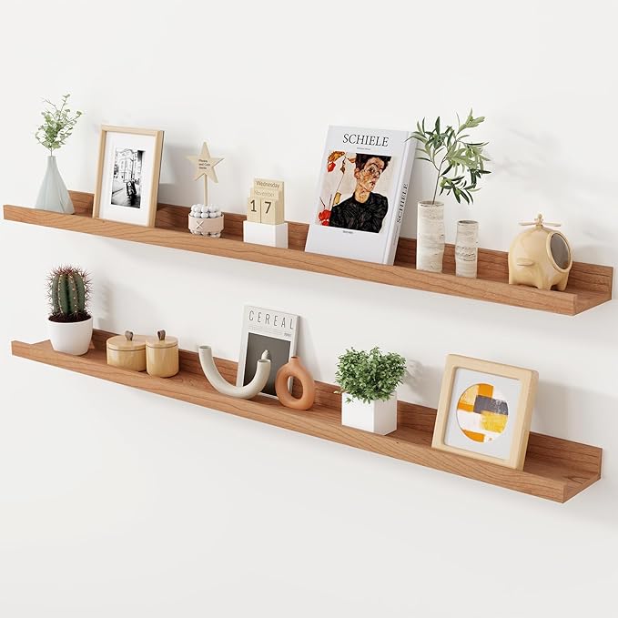 Axeman Cherry Picture Ledge Shelf, 48 Inch Floating Shelves Set of 2, Solid Wood Wall Shelves with Lip, Wall Decor Storage for Bedroom Living Room Bathroom Kitchen Nursery Photo, Natural Cherry