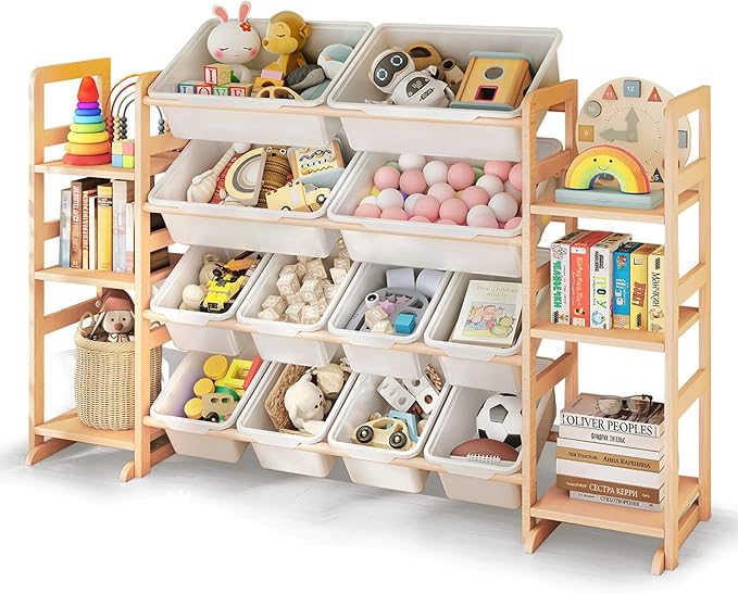 Wooden Toy Storage Organizer with 6 Shelves and 12 Bins, Toy Organizer Storage Kids Bookshelf, Toy Shelf for Playroom, Nursery, and Bedroom