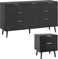 LYNSOM Fluted Dresser and Nightstand Sets 2 Piece, 2-Drawer Nightstands and 7-Drawers Dresser, Wood Bedroom Furniture Set for Home, Bedroom, Hallway, Black